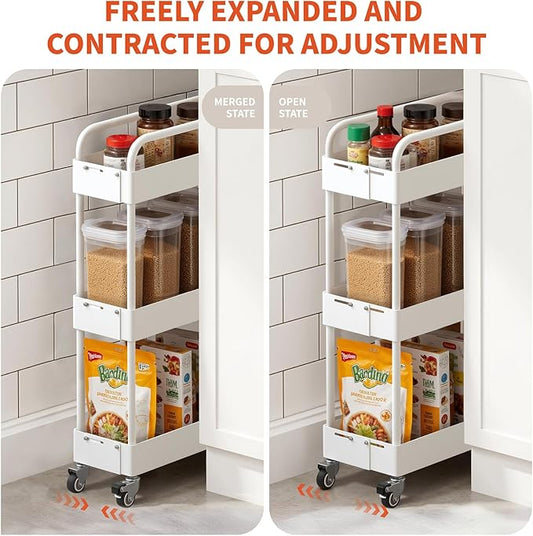 HOTEAGLE 3-Tier Rolling Cart Metal Expandable Utility Carts with Wheels, Ideal Storage Organizer for Livingroom, Bedroom, Kitchen and Bathroom, White
