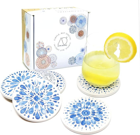 AD Set of 6 Coasters for Drinks Absorbing Round Ceramic Stone Coaster with Cork Base,Tabletop Protection Mat for Mugs and Cups,Office,Kitchen (Indigo Blue 2)