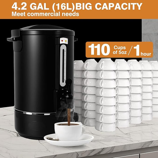Hijolla Commercial Coffee Urn,110 Cups/16.5L Black Stainless Steel Large Coffee Dispenser,Double Wall Electric Coffee Urn,Electric Coffee Maker Urn,Commercial Percolate Coffee Maker Hot Water Urn