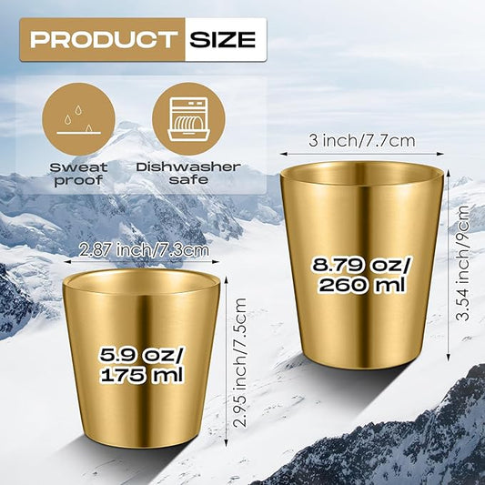 Mimorou 8 Pack Stainless Steel Insulated Cup 5.9 oz Metal Tumbler Double Wall Vacuum Water Glasses Camping Reusable Mugs BBQ Home Office Party Coffee(Gold)
