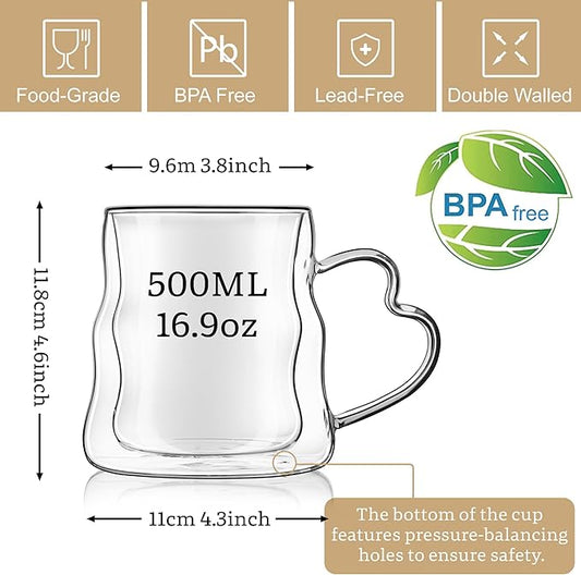 Joeyan 16.9oz Double Walled Insulated Coffee Mugs - Set of 2, Large Clear Latte Cappuccino Tea Espresso Cups with Handle, Heat Resistant Borosilicate Glass Drinking Coffee Mug for Hot Cold Drinks