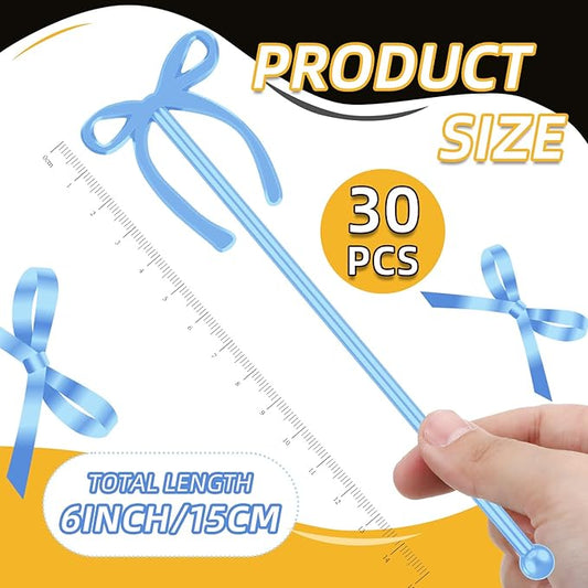 30 Pcs 6 Inch Valentine Party Stirrers, Bow Stir Sticks Coffee Stirrers Reusable Plastic Swizzle Sticks for Wedding Birthday Bridal Cocktail Decorations Galentines Supplies(Blue)