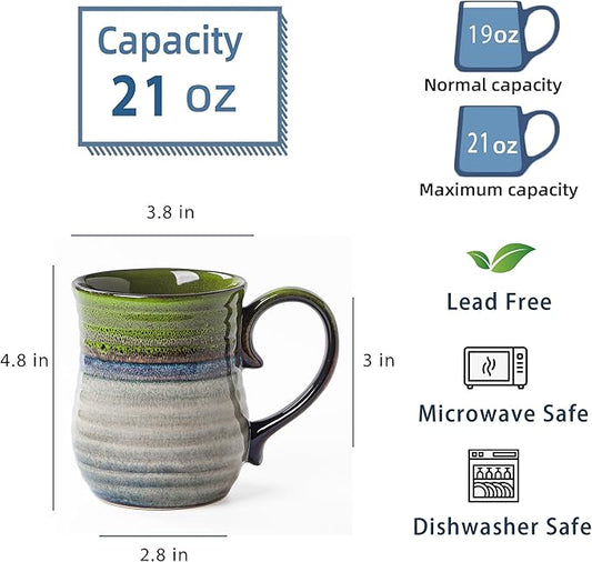 21 oz Large Ceramic Coffee Mugs, Handmade Cup with Large Handle, Big Tea and Coffee Cups for Office and Home, Microwave and Dishwasher Safe (Light Green)