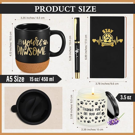 4 Pcs Veterinary Gifts Set Black Thank You Gift for Cat Dog Groomers Trainer Coffee Mug Scented Candle Notebook Pen for Vet Tech Veterinary Assistant Receptionist Dog Sitter Daycare Coworker