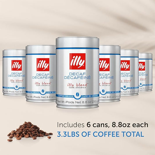 illy Decaf Whole Bean Coffee, Classico Decaffeinated Medium Roast, 100% Arabica, Premium Italian Coffee, Ideal for Espresso, Drip, Moka and French Press Brewing, 8.8oz, 6 Pack