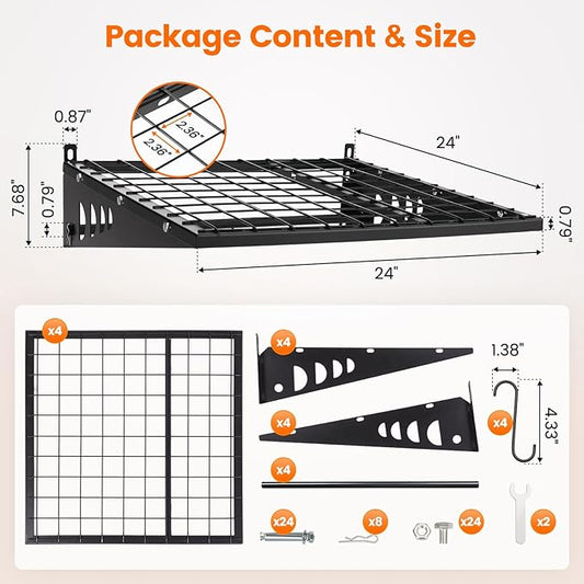 Garage Shelving 2x2ft 4-Pack, Garage Storage Rack 24"x24" Metal Shelves Black Wall Mounted with rods & 4 Hooks, Heavy Duty Wall Shelving Floating Shelves, 880lbs Total load Capacity