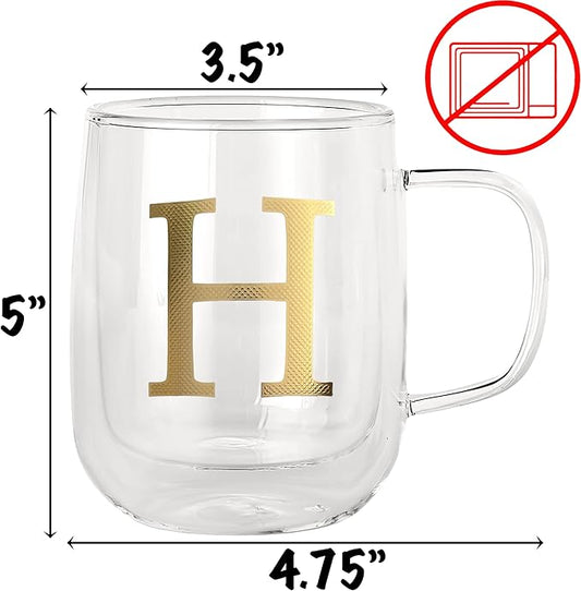 COLLECTIVE HOME - Double Walled Glass Coffee Mugs, Insulated Coffee Mug with Handle, Personalized Gifts for Women, Men, Christmas, 14 oz Monogram Cups (H)