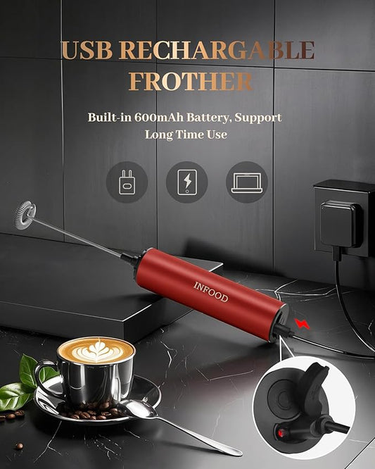 INFOOD Milk Frother Rechargeable with Cover - Coffee Frother Wand, Drink Mixer Handheld with 2 Detachable Stainless Whisks 2 Speed Adjustable for Latte, Cappuccino, Hot Chocolate, Egg, Red