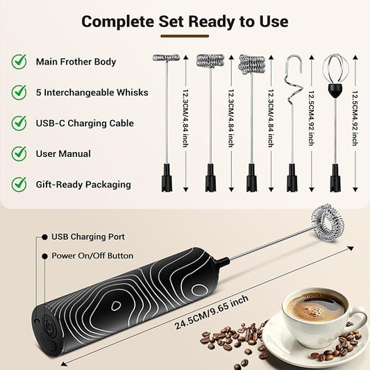 Milk Frother Handheld Rechargeable - 2-Speed Electric Whisk with 5 Detachable Heads (Frother/Mixer/Whisk) for Coffee, Latte, Cappuccino & Matcha, Drink Mixer (Flower 18)