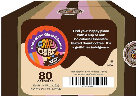 Crazy Cups Flavored Coffee Pods - Chocolate Glazed Donut, Medium Roast, 80 Count (Pack of 1) for Keurig K-Cup Machines - Hot or Iced Coffee, Recyclable Pods