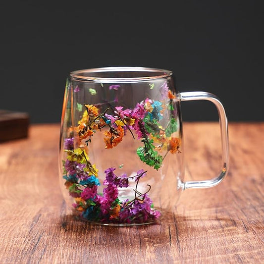 Dried Flowers Insulated Glass Double Wall Coffee Mug With Handle 250ml/390ml Transparent Double Glases Flower Tea Cup Latte Coffee Cup Borosilicate Glass Tea Mug