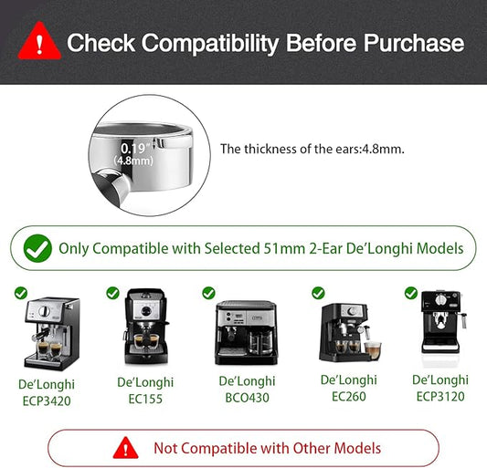 51mm Bottomless Portafilter & Puck Screen, 2 Ears Stainless Steel Head, Only Compatible with De'Longhi ECP3420, EC155, BCO430, EC260, and ECP3120, Includes 304 Stainless Steel Filter Basket