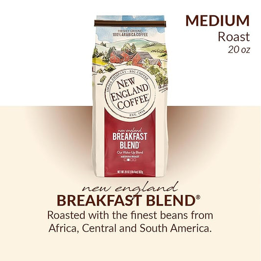 New England Coffee Breakfast Blend Medium Roast Ground Coffee, 20oz Bag (Pack of 1)