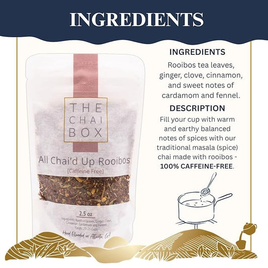 The Chai Box Loose Leaf Masala Chai - Gluten & Caffeine Free | Organic Rooibos Tea made with Ginger, Clove, Cinnamon, Cardamom, Fennel (Pack of 1) 2.5 oz | Makes 25 Cups | Small Batch Loose Leaf Tea with Whole, Premium Spices