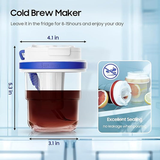 MHW-3BOMBER Cold Brew Coffee Maker Crossbody Portable 18oz - Iced Coffee Mug Tea Brewer Pitcher with Filter - Travel Coffee Tumbler for Gifts Car Office Gym, Blue M5772BL-OS