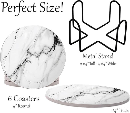 White Agate Marble Round Coasters Set of 6 - Abosrbent Ceramic Coasters with Metal Stand for Drinks, Coffee, Non-Slip Cork Back for Tabletop Protection, 4 Inches Marbled Pattern (Black)