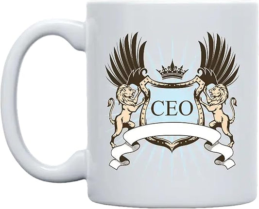 THE CEO Stylish Coffee Mug for Coffee Lovers - Premium Boss Mug with Gloss Finish - Premium Ceramic, Microwave Safe, 11oz Gift Mugs - CEO Lion Crest (White)