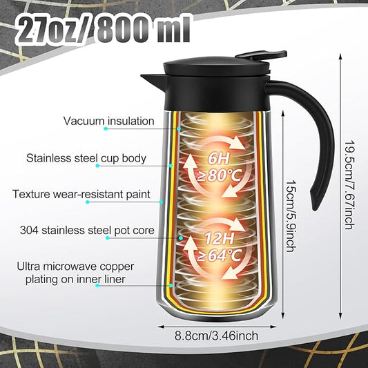 2 Pcs 27oz Thermal Coffee Carafe Stainless Steel Coffee Pot for Keeping Hot/cold Insulated Double Walled Vacuum Tea Pot with Press Button Drink Beverage Dispenser for Milk Tea(Silver)