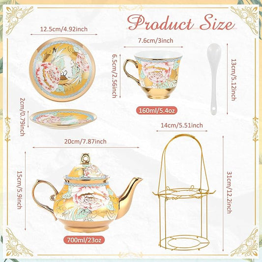 Zhehao 20 Pcs Porcelain Tea Set with Metal Holder and Spoon Adult Ceramic Tea Set European Flower Painting Teapot Cup Saucer Spoon for Women, Large Version(Classic Style)