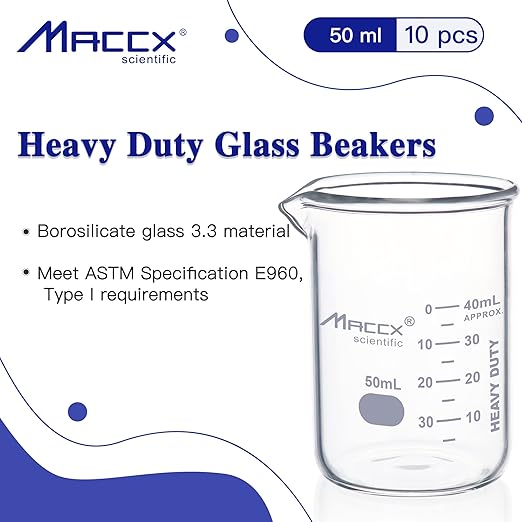 1.7oz(50ml) New Upgraded Glass Beakers, Heavy Duty Lab Beaker Set, 3.3 Borosilicate with Double Scale, Pack of 10, HDBK50-010