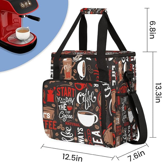 Keurig K-Mini Plus Portable Single Serve Coffee Brewer Case with Pockets for K-cup Pods - Brown and Red Travel Carrying Storage Tote Bag