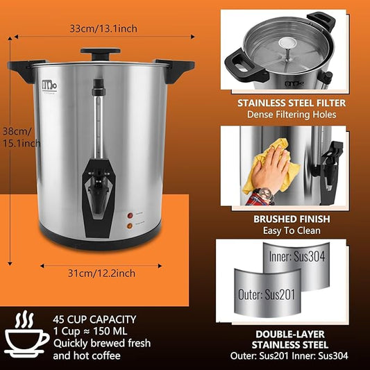 45 Cup 8L/2.11Gallon Commercial Coffee Urn, Festa Essential 950W Large Percolate Coffee Maker, Hot Beverage dispenser With Double Dripless Faucet,Quick-Brewing Hot Water Urn for Catering,Home,Events
