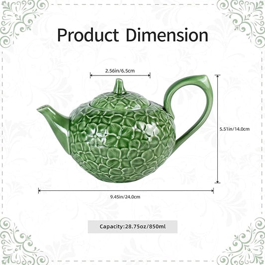 KAMMAK Teapot with Handle, Vintage Porcelain Tea Pot with Gold Trim, Blooming & Loose Leaf Teapot, Festive Holiday Serveware, Gifts for Women, Green - 28 oz