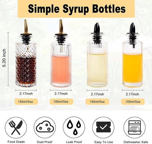 ChezMax Syrup Dispenser Bottles Set of 4, Simple Syrup Bottle for Coffee Bar Accessories, 5oz Glass Coffee Syrup Dispenser Syrup Containers for Maple Honey Syrup Oil, Metal Pour Spouts & Labels