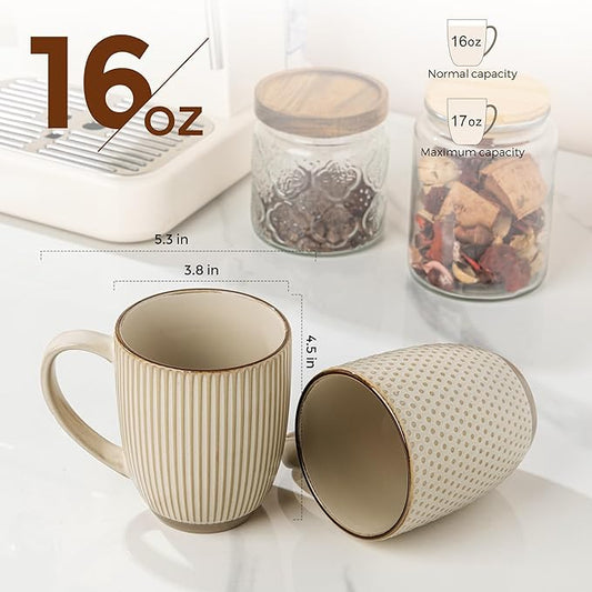 GBhome Large Coffee Mugs Set of 6, 16oz Handmade Embossed Coffee Mugs Set with Large Handle for Cappuccino/Latte/Tea/Hot Cocoa, Dishwasher & Microwave Safe, Khaki