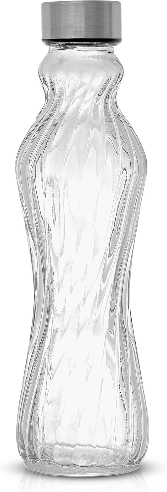 JoyJolt Fluted Glass Water Bottles Set of 6-18 oz Glass Bottles with Stainless Steel Leakproof Lids