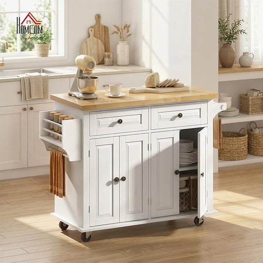 HOMCOM Kitchen Island Cart with Rubber Wood Top, Rolling Kitchen Island Table on Wheels with Drawers, Adjustable Shelves, Spice Rack and Towel Rack for Dining Room, White