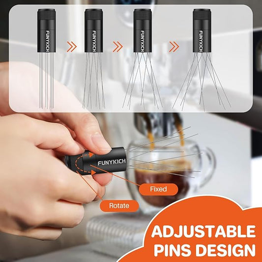 FUNYKICH WDT Tool Espresso Distribution Tool with Magnetic Stand for Barista, Adjustable Range Coffee Needle Stirrer, 304 Stainless Steel 8 Needles 0.4mm with 8 Extra Needles for Consistent Extraction