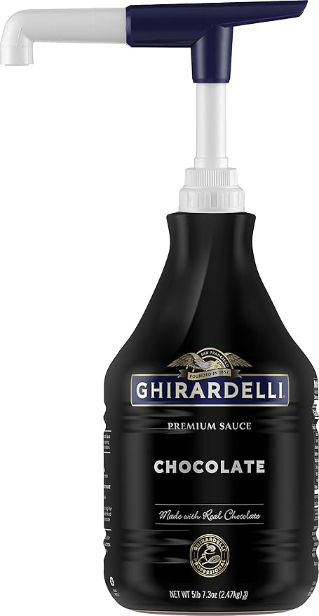 Ghirardelli Black Label Chocolate Sauce 87.3 Ounce Bottle with Ghirardelli Stamped Barista Spoon & Pump