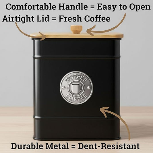 Airtight Coffee Canister - 40 oz Large Iron Black Coffee Container Airtight - 6 x 8 inch Metal Jar - Stylish Countertop Container for Grounds, Beans, Pods & More with Rubber-Lined Bamboo Lid