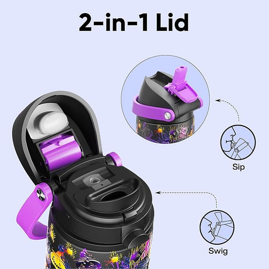 Insulated Water Bottle with Straw - Encool Stainless Steel Water Bottle with Push Button Lid, Leak-Proof & BPA-Free, Keeps Cold for 24 Hours for Sports, Travel, Gym (24 oz, Ghost Party)