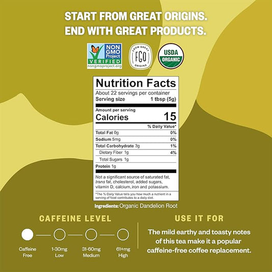 FGO Organic Dandelion Root, Cut and Sifted Loose Tea, 4 Ounce Resealable Bag, Packaging May Vary (Pack of 1)