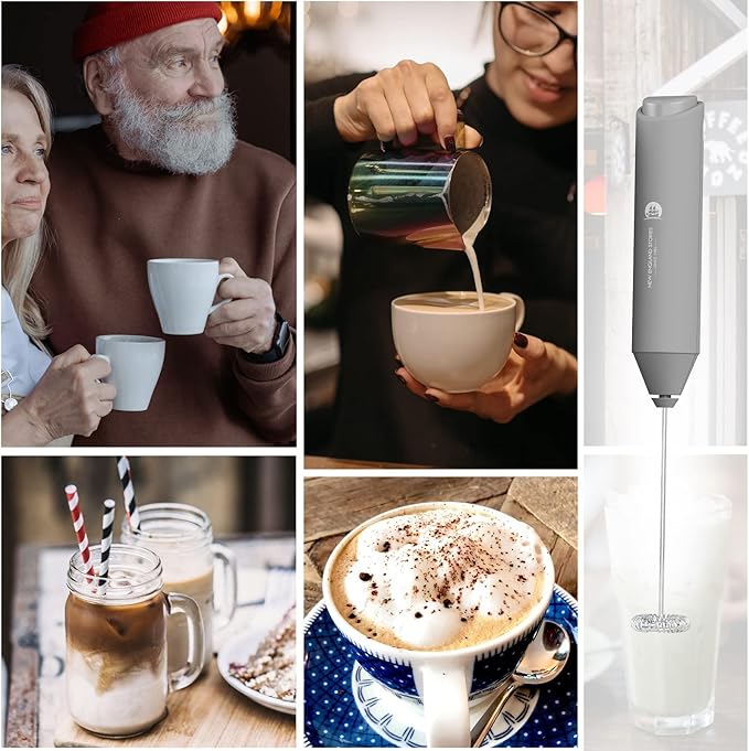 Powerful Milk Frother Handheld Foam Maker, Mini Whisk Drink Mixer for Coffee, Cappuccino, Latte, Matcha, Hot Chocolate, No Stand, Grey
