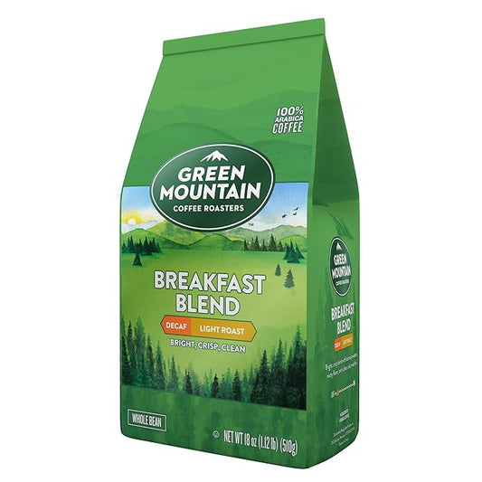 Green Mountain Coffee Roasters Breakfast Blend Decaf, Whole Bean Coffee, Light Roast, Bagged 18 oz (Pack of 3)