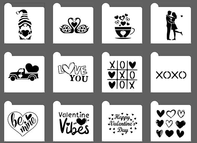 Happy Valentine's Day Cookie Stencils Decorations Set, 12-Pack Reusable Valentine's Day Heart Love Designs for Baking Decoration Tools for Cookies, Royal Icing, Cakes, Coffee & Crafts