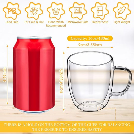 Patelai Pcs 16oz Clear Glass Coffee Mugs Double Walled Coffee Cups Glasses Insulated Latte Mugs with Handle Espresso Clear Cups for Cappuccino Tea, Heat Resistant Borosilicate Glasses for Home Bar