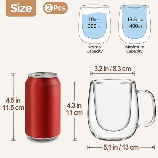 12 OZ Glass Coffee Mug Pack of 2, Double Wall Glass Mug with Handle Insulated Clear Glass Coffee Cup for Espresso, Cappuccino, Latte, Americano, Tea