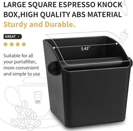 Large Square Knock Box Shock-absorbent Knock Box Espresso with Removable Knock Bar and Non-Slip Base Espresso Accessories for Home/Office (Large Black Knock Box with Tamper Mat)