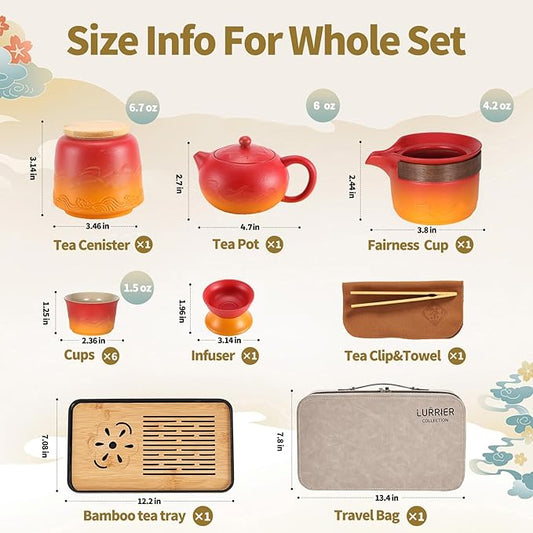 LURRIER Gongfu tea sets, Portable Ceramic TeaSet, Asian Tea sets for adult, Tea Gift sets, Grey leather case, Portable Travel Bag,Home,Gifting,Outdoor and Office(XRed and Orange)