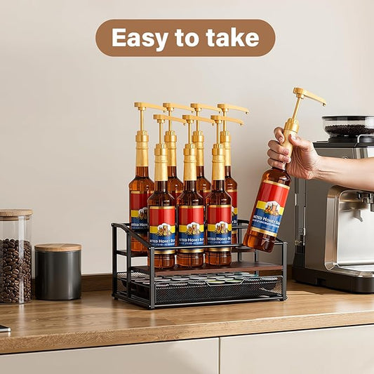 Coffee Syrup Rack Organizer, 3-Tier 8 Bottle Syrup Rack with 35 K Cup Drawer for Coffee Bar, Countertop Bottle Holder Stand for Dressing for Kitchen Cafe Station
