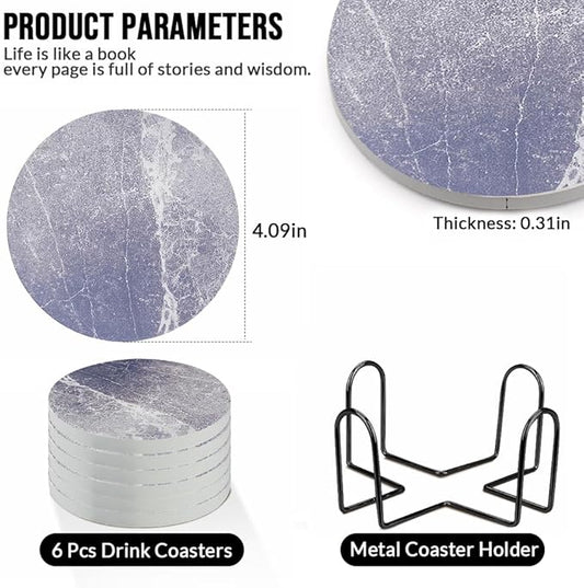 Ceramic Coasters Set of 6, Marble-Textured Design with Holder - Absorbent Cork-Backed Coasters for Cups, Bar & Coffee Table Decor Accessories (Dark Grey Marble, 6 Pack)