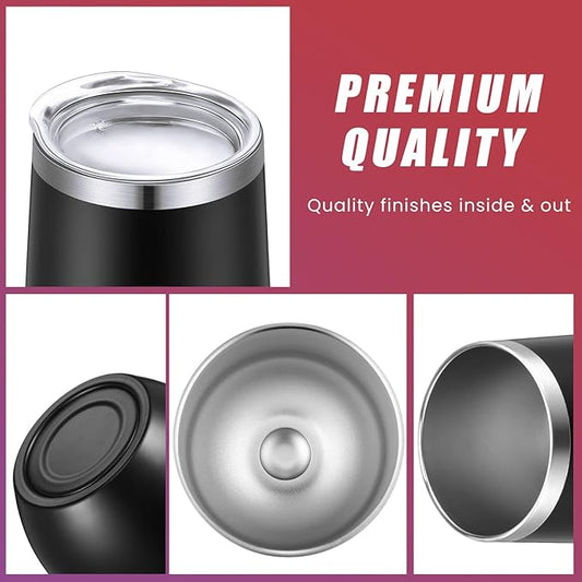 6 Pack Stainless Steel Wine Tumblers 12 oz Insulated Vacuum Wine Cup Set Double Wall Stainless Steel Stemless Mug Glasses for Coffee Soda Whiskey Outdoor Travel (Black)