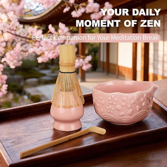 SIMPLETaste Matcha Whisk Set, 7 Pcs Ceramic Matcha Kit Includes Bowl, Whisk and Holder, Bamboo Scoop, Scoop Rest, Sifter and Tea Towel - Matcha Kit for Macha Lovers (Pink)
