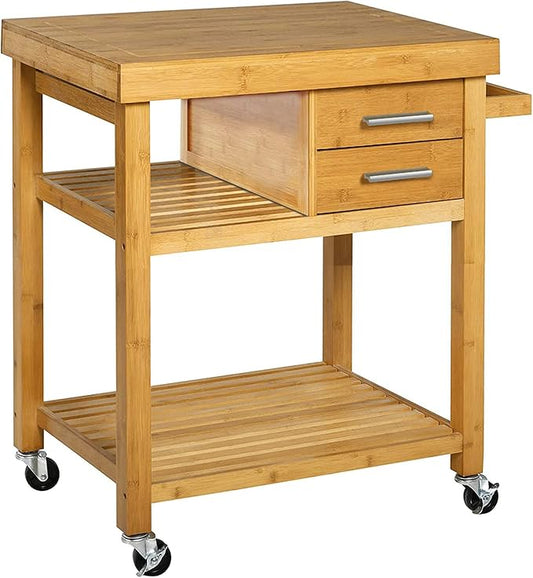 Home Aesthetics Rolling Kitchen Island Cart with Drawers Shelves, Towel Rack, Locking Casters, Butcher Block Food Prepping Cart Trolley on Wheels, Bamboo Wood