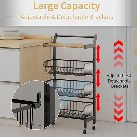 4-Tier Slim Rolling Storage Cart, Narrow Kitchen Cart with Lockable Wheels & Water-Resistant Wooden Tabletop, Small Space Utility Cart for Kitchen/Bathroom/Living Room/Laundry Room