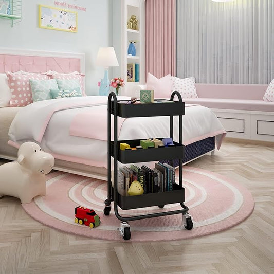 3-Tier Rolling Metal Storage Organizer,Mobile Utility Cart,Kitchen Storage Carts with Caster Wheels,Rolling Utility Cart Suitable for Office,Home,Kitchen,Garden(13.4"x18.1"x31") Black